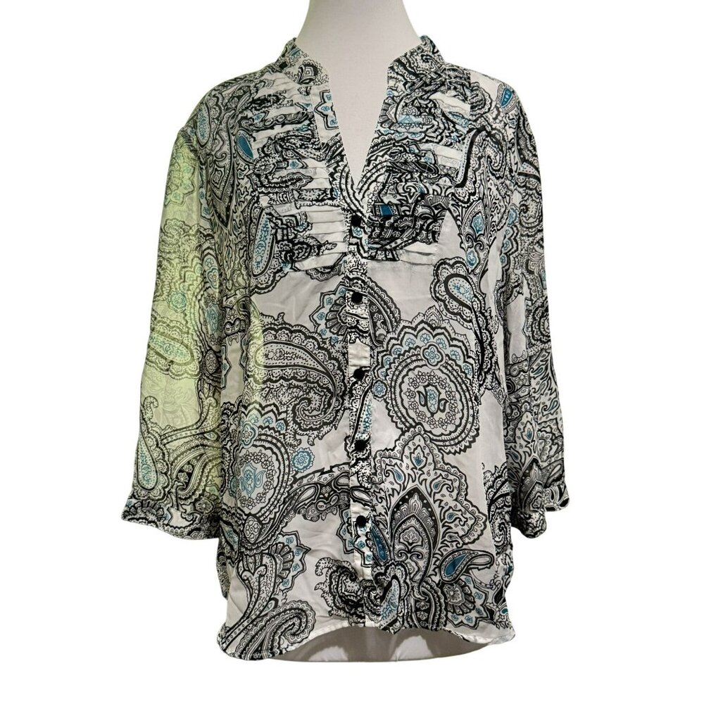 CHICO'S Long Sleeve Semi-Sheer Paisley Button Up Pleated Blouse Shirt Sz 3 XL